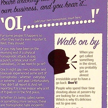 On a purple background title reads "Picture it: You're walking along, minding your own business, and you hear 'OI, (add your own homophobic slur here)!'". Text underneath describes the prevalence of homphobia and hate crimes within the queer community.