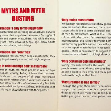 Title reads "Myths and Myth busting" in red font on a white background. Text contains 6 common myths about masturbation and describes how they are misinformed.