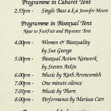Beige leaflet with black cursive font detailing performers and timings of events at Pride Festival